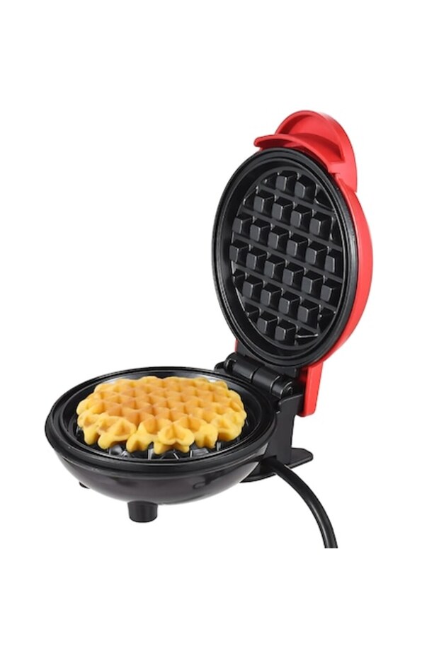 Mini Waffle Maker, 350W, Non-Stick Plates, LED Indicator, Compact Design, Red - 1