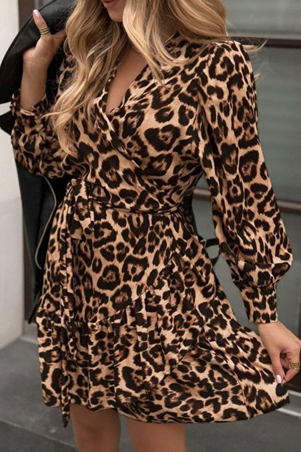 Double-Breasted Collar Ruffled Leopard Pattern Modal Dress - Leopard - 3