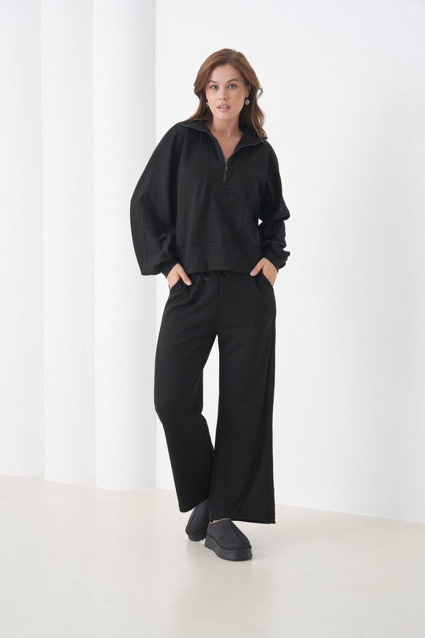 Women's Oversized Zippered Hooded Sweatshirt Wide Leg Sporty Stylish Tracksuit Set Suitable for Hijab
