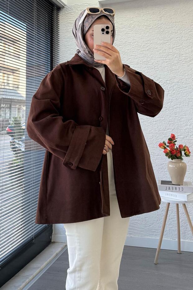 Premium Front Buttoned Oversized Gabardine Coat – Brown