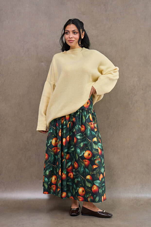 Apple Patterned Satin Gathered Skirt