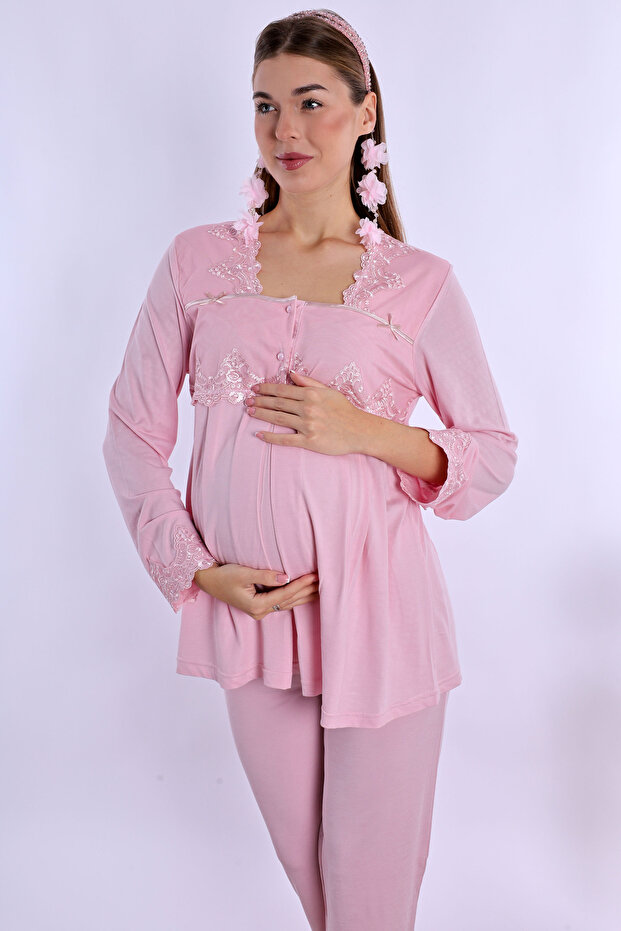 Cotton Maternity Pajama Set with Nursing Features for Pre and Postpartum Effortt - Pink