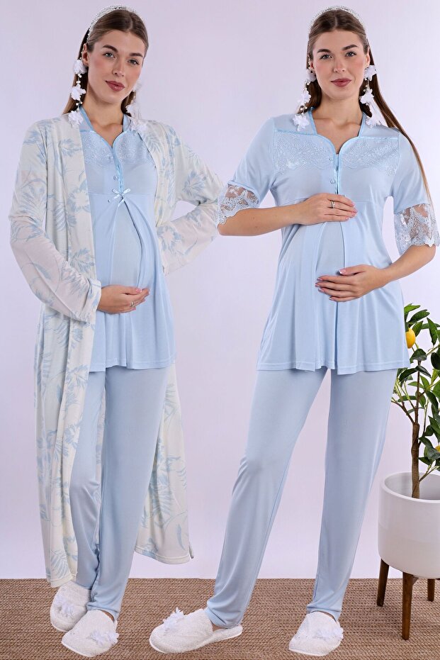 Effortt Maternity Maternity Pajama Set with Blue Dressing Gown