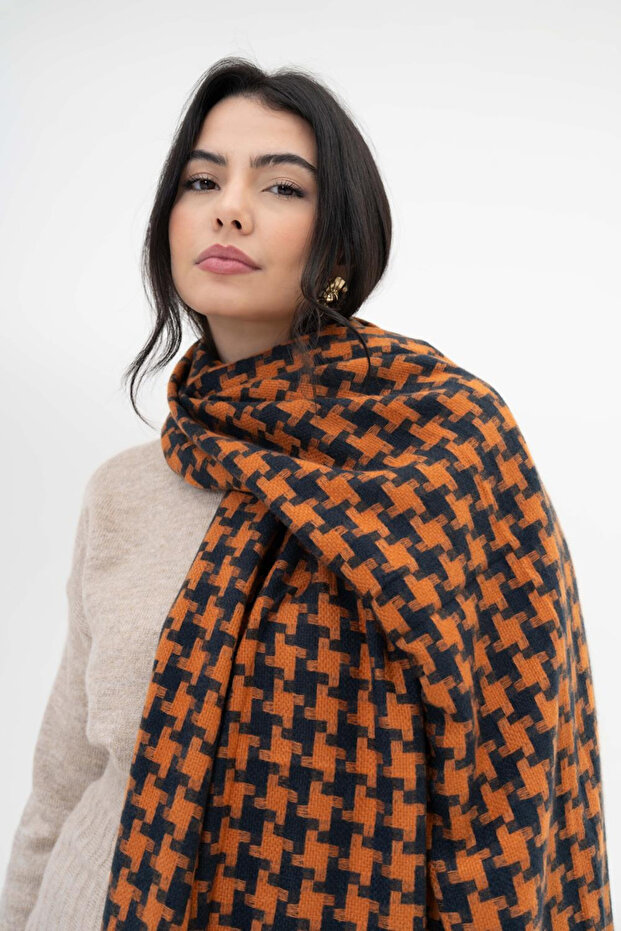 Houndstooth Patterned Wool Winter Scarf - Orange