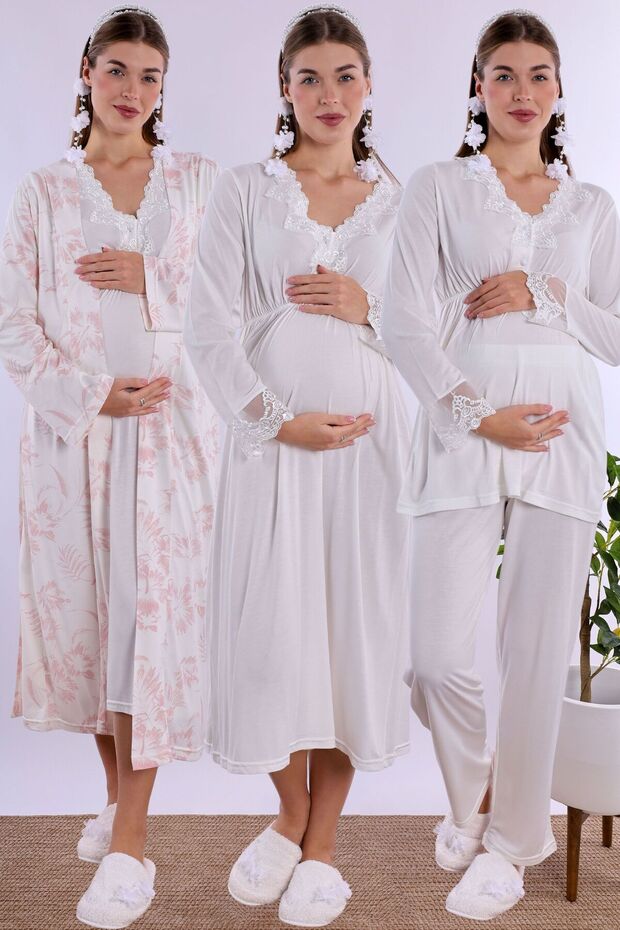 Cotton Fabric Maternity Set with Breastfeeding Features Effortt |   4 Pieces - Powder-Ecru