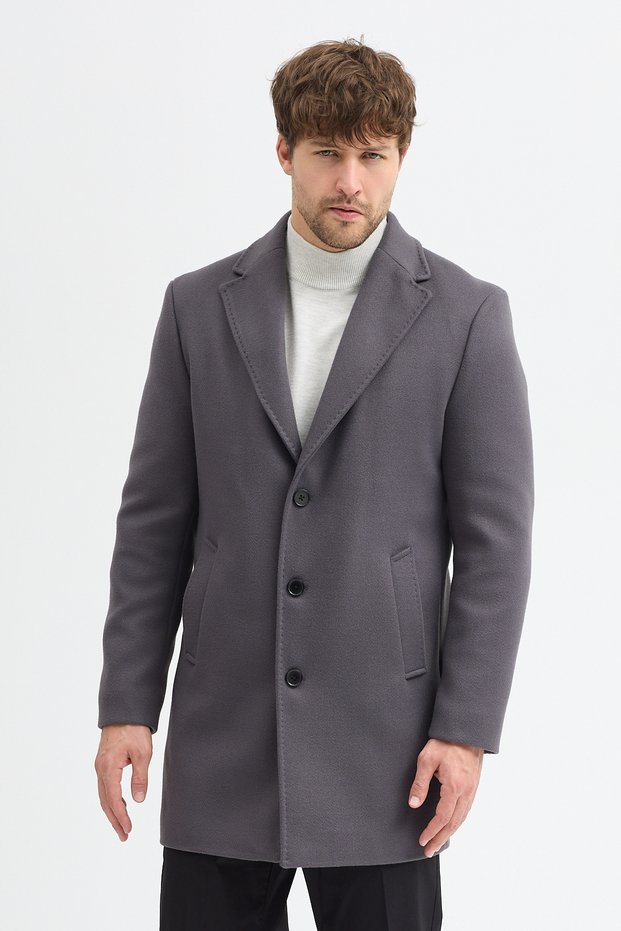 Grande Men's Gray Jacket Collar Slim Fit Cashmere Coat