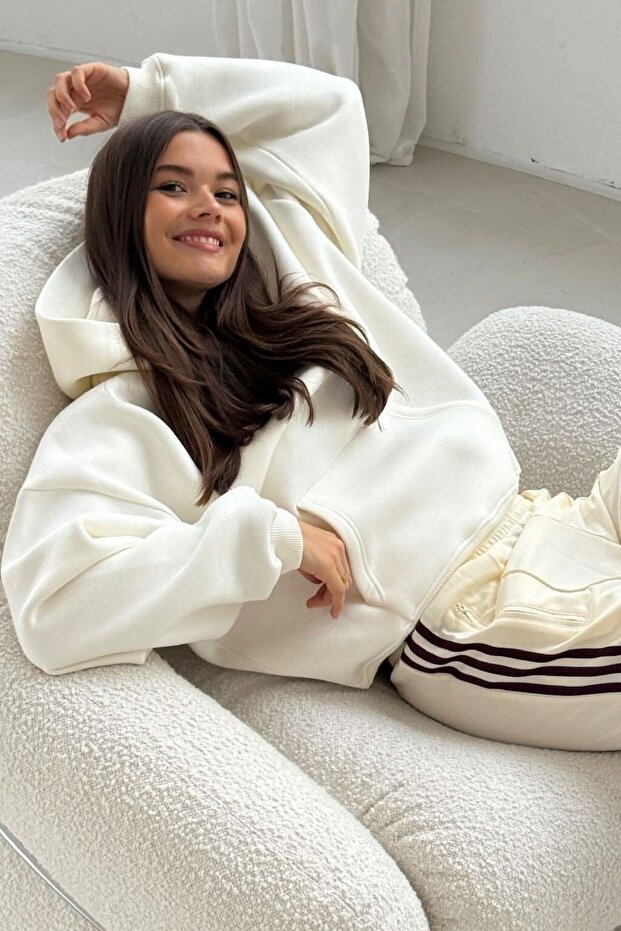 Női túlméretezett pulóver kapucnis pulóver CHMP STUDIOS fehér – kapucnis, 3 szálas polár, kenguru zsebekkel - 5