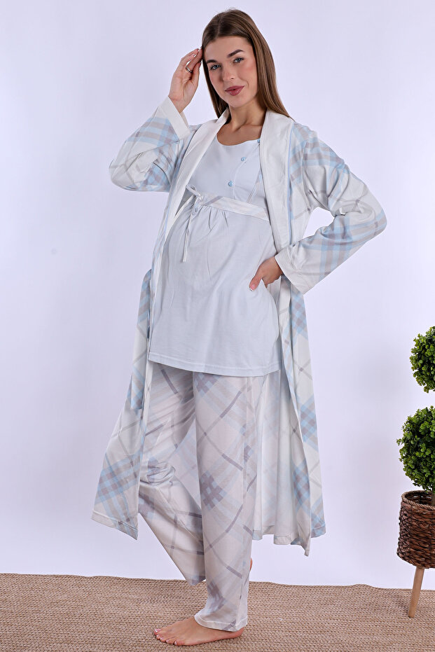 Effortt Blue 100% Cotton Maternity Pajama Set with Dressing Gown