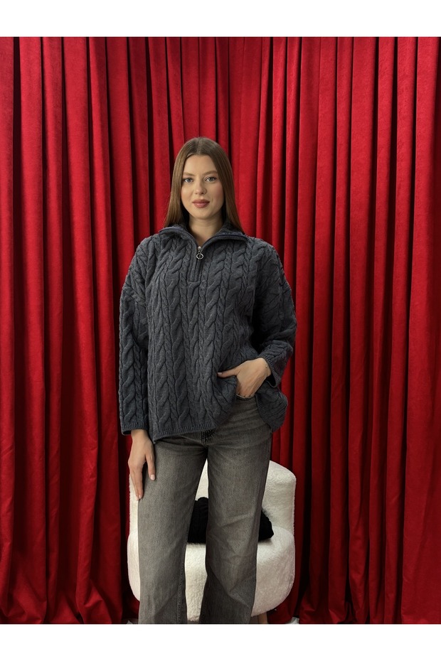 Oversized Cut Hair Knit Zippered Sweater