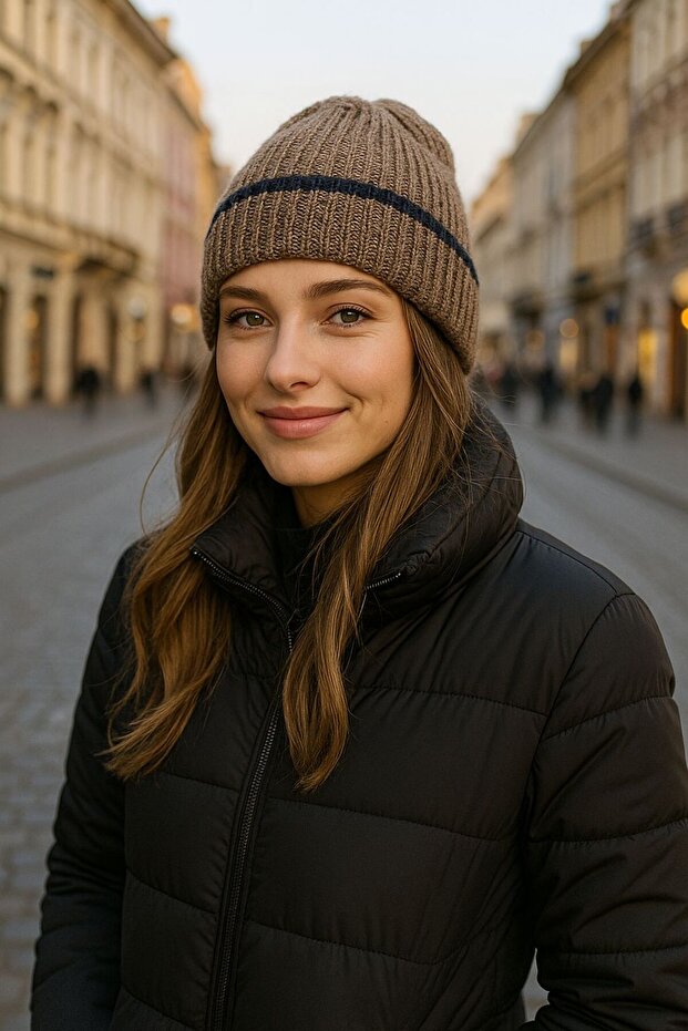 Brown Striped Knitwear Women's Beanie
