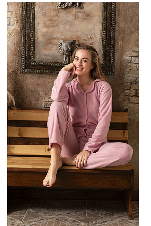 Women's Front Buttoned Long Sleeve Fleece Plush Winter Warm Pajamas Set