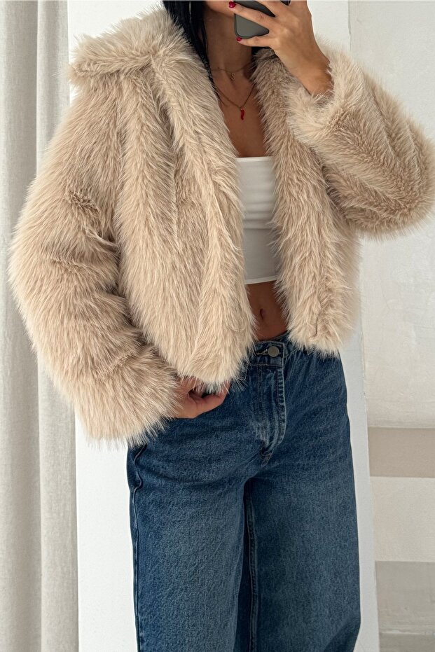 Women's Beige Lined Premium Shawl Collar Fur