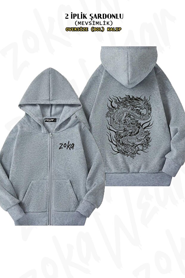 Unisex China Dragon Ejderha2 Printed Oversized Back Printed Zippered Hooded Cardigan