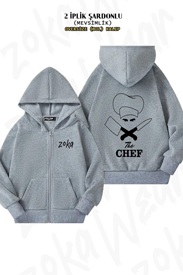 Unisex Aşçı V4 Printed Oversized Back Printed Zippered Hooded Cardigan