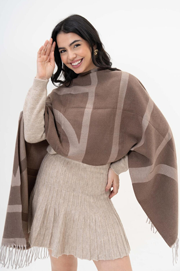 وشاح شتوي من الصوف بنمط هندسي - بني - 4