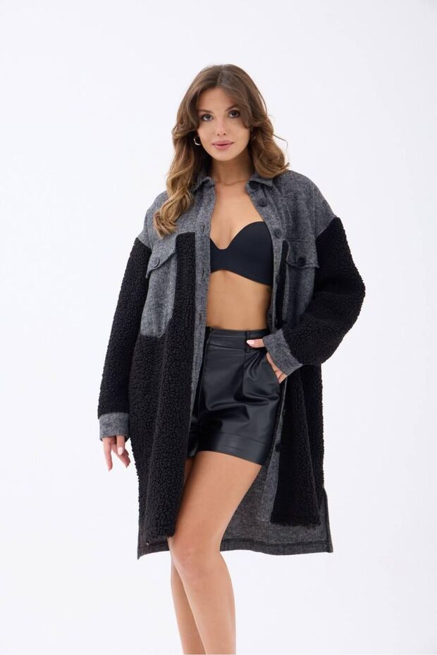 Women's Gray Black Plush Detailed Boucle Jacket