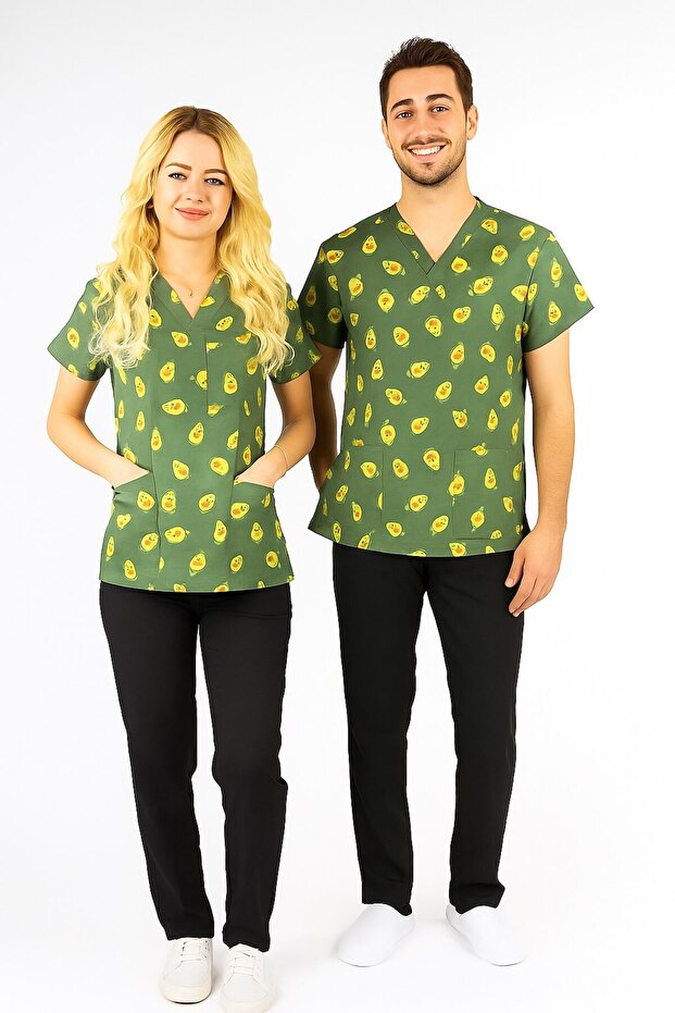 Unisex Avocado Pattern Doctor Nurse Dietitian Surgical Scrubs Uniform Set