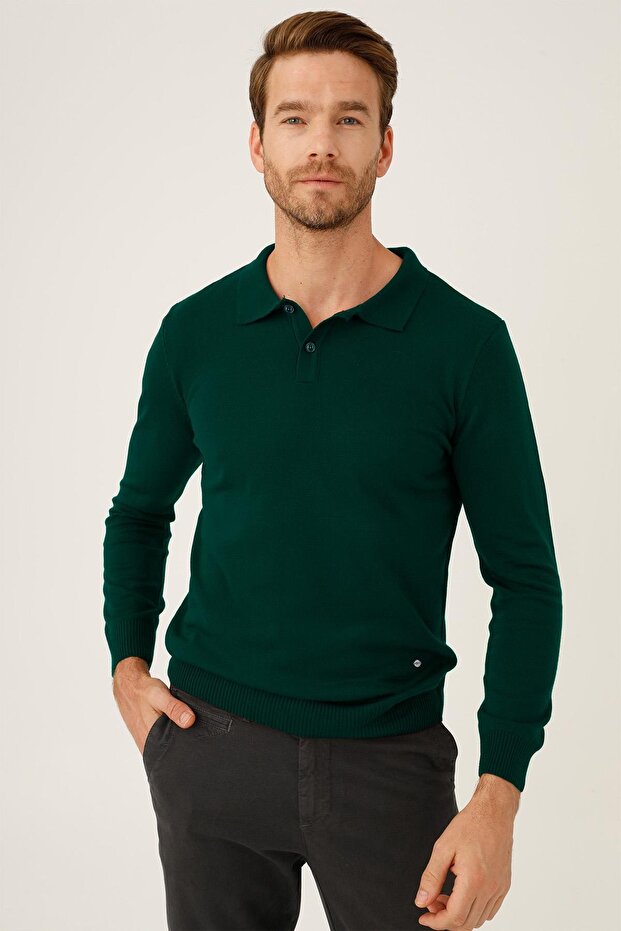 Petrol Standard Fit Slim Fit Polo Collar Buttoned Plain Long Sleeve Knitwear