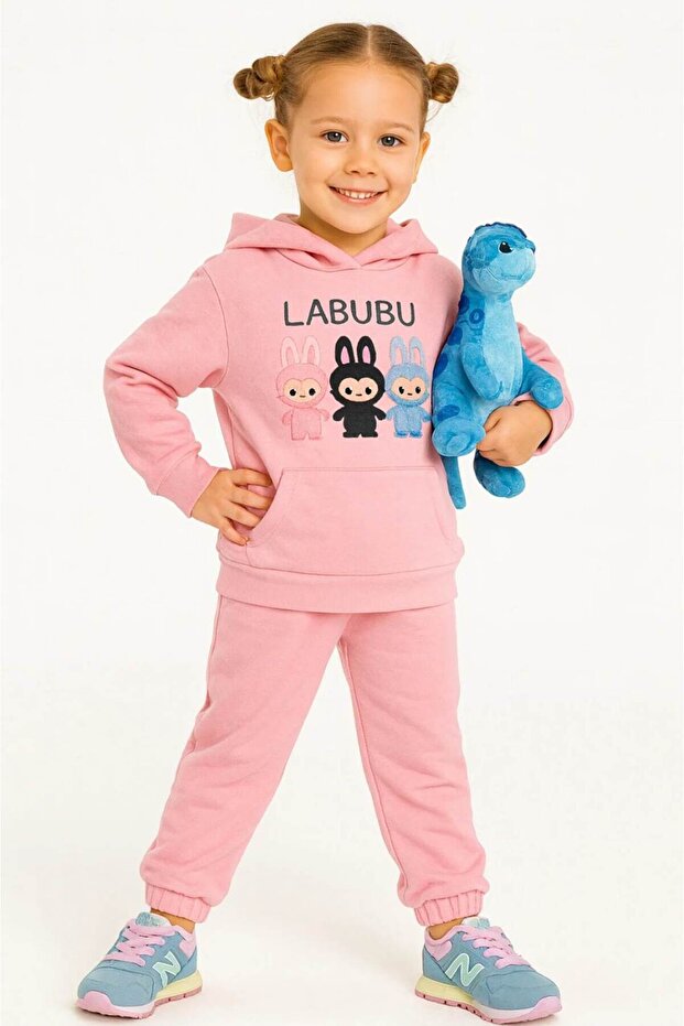 Girl's Two-Thread Tracksuit Set Labubu Set Hooded Printed Sweatshirt and Pants 4/8 Years