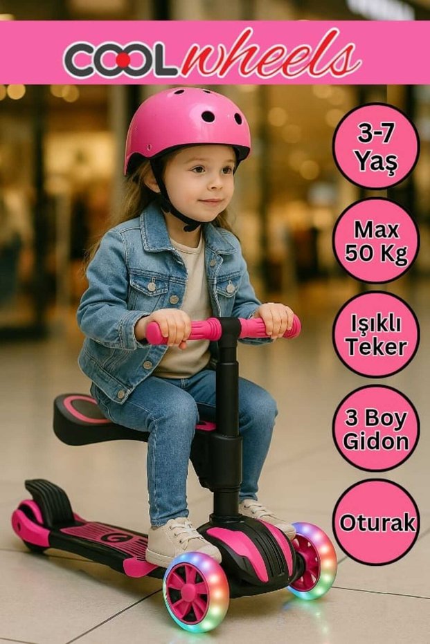 Coolwheels Seated Combo Scooter for Ages 3-7 | Adjustable Handlebar 50 kg Lighted 3 Wheel Scooter
