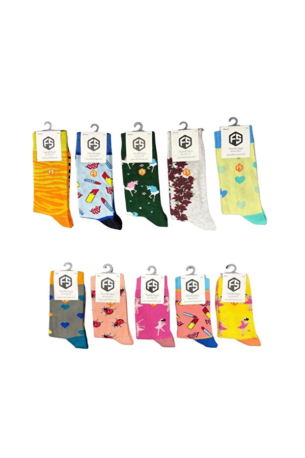 Women's Colorful Patterned Cotton Socks (Mother - Daughter Socks Pack)