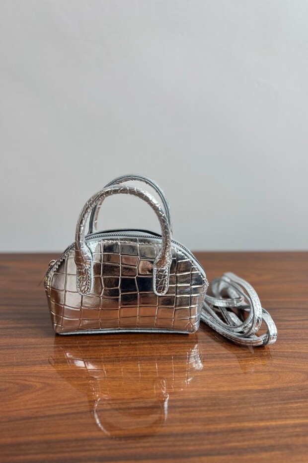 Crocodile Pattern Mini Crossbody Hand and Shoulder Bag - Silver