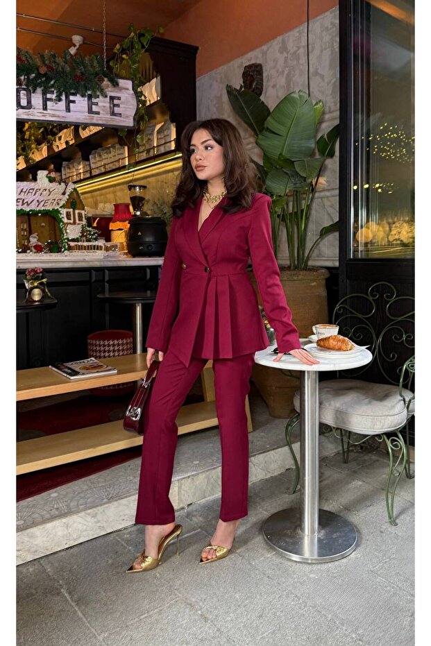 Side Pleated Detail Blazer Jacket and Flared Leg Pants Set – Modern Women's Elegance