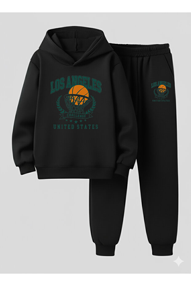 Boy's Hooded Set Basket Potasi Printed 3 Thread Ş Fleece-Lined Sweatshirt - Tracksuit Set