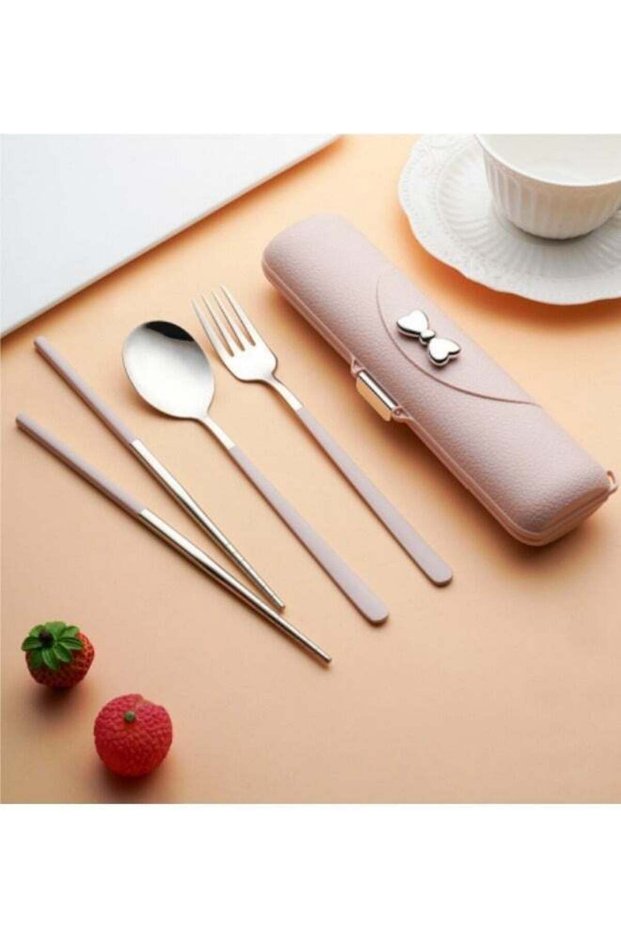 Portable Cutlery Set 304 Stainless Steel Spoon Fork Chopsticks Set With Bow Storage Box Pink