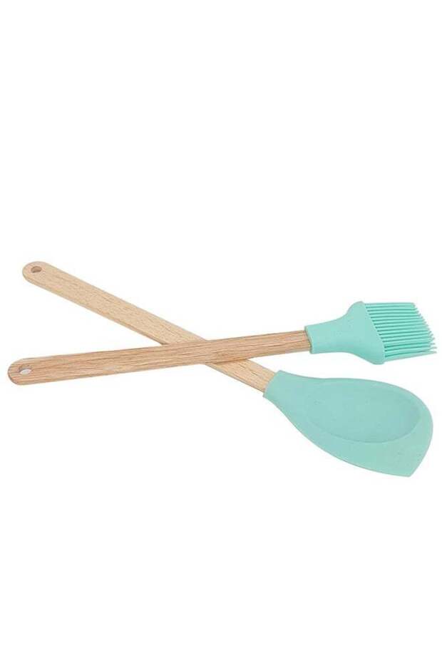 2-Piece Wooden Handle Silicone Spoon And Brush Green/Brown 30cm