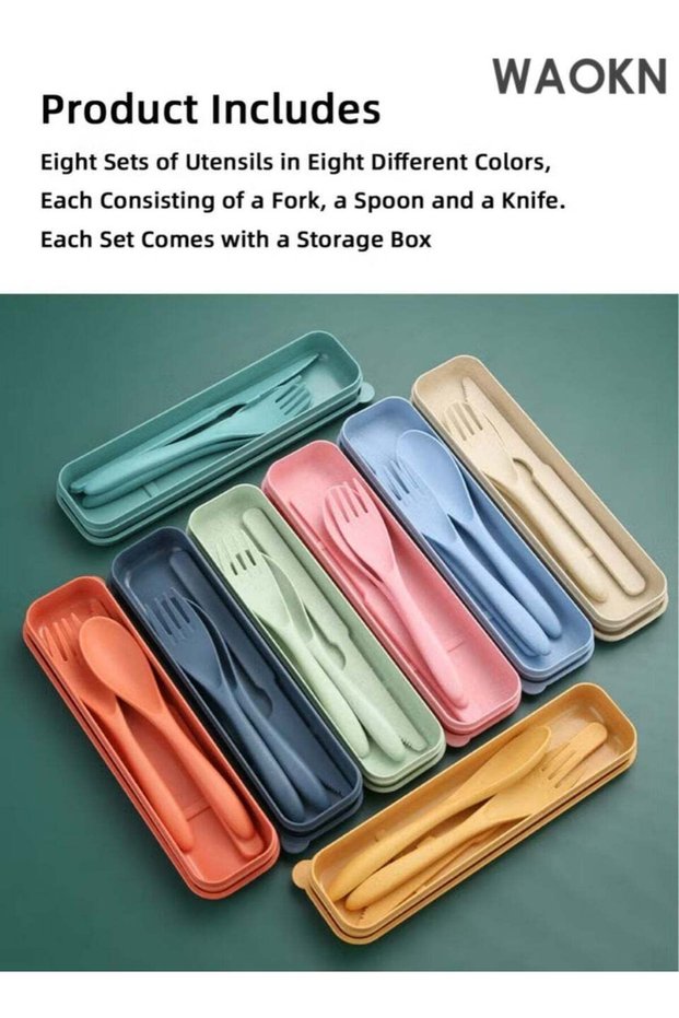 8 Colors Reusable Portable Wheat Straw Cutlery, Travel Utensils Flatware Sets with Case Storage Box, Spoon Knife Fork Tableware Sets, for Lunch Boxes Kids Adult Picnic Camping Outdoor Home Office