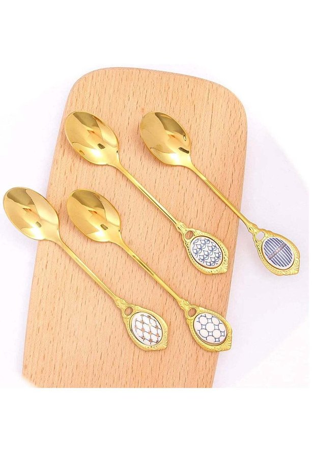 Small Spoons Dessert Spoons Tiny Spoon Light Luxury Stainless Steel Golden Coffee Spoon Mixing Spoons with Ceramic Handle Stainless Steel Scoop Spoons Spoon Set Teaspoon Spoon Soup Spoon