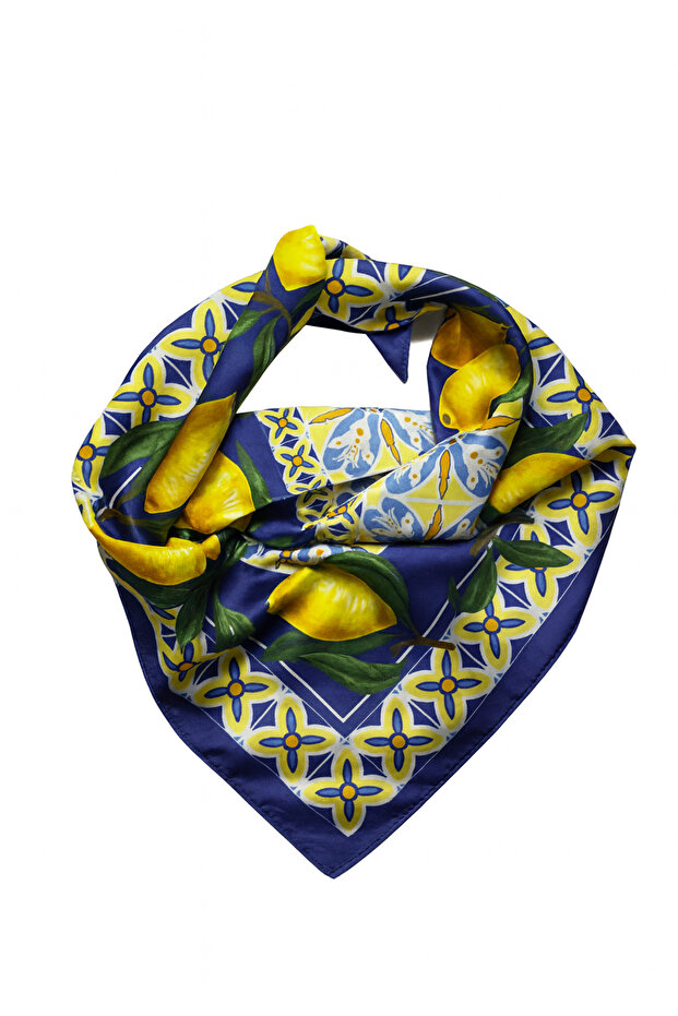 Navy Blue Lemon Patterned Mediterranean Style Silky Scarf