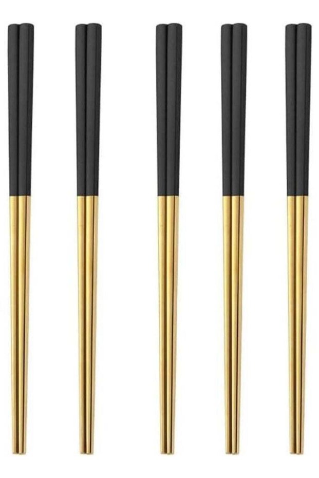 5 Pairs Stainless Steel Chopsticks Set, 304 Metal Reusable, Square Anti-Slip Design, Dishwasher Safe, Lightweight Korean Japanese Chopsticks for Sushi, Noodles, Hot Pot, 23cm – Gold Black