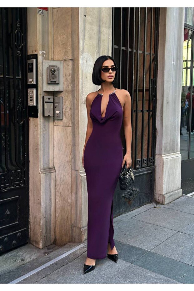 Slit Detailed Degaje Halter Neck Midi Evening Dress