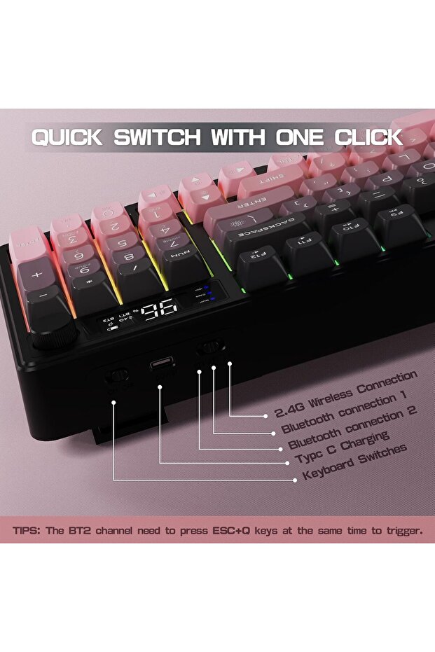 M96 Ofis Klavye Bluetooth/2.4g Kablosuz Oyuncu Klavye Işıklı Usb Type-c Kablolu Şarjlı - 4