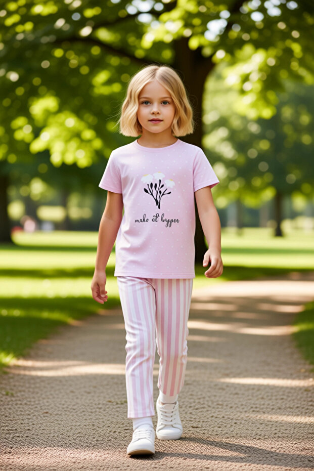 Girl's Cotton Polyester Knitted Pajama Set Floral Printed and Striped Bottom Quality Stylish Comfortable