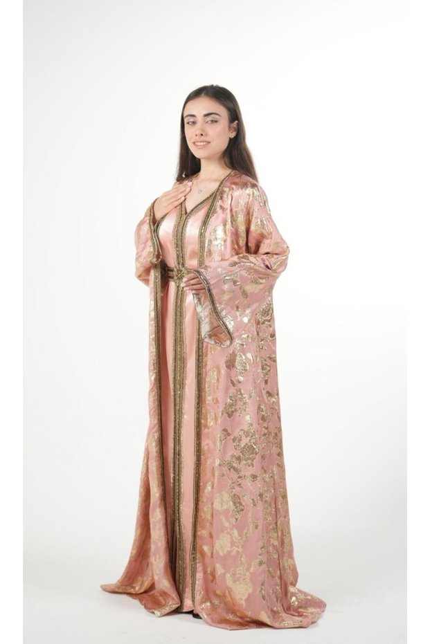 Moroccan embroidered satin kaftan dress with a waist belt
