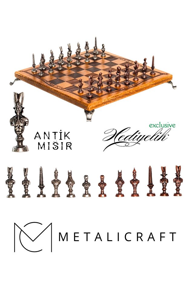 Metalicraft MC40 Antik Mısır Figürlü Metal Satranç Takımı - Lüks Hediyelik Satranç Takımı - 25x25cm