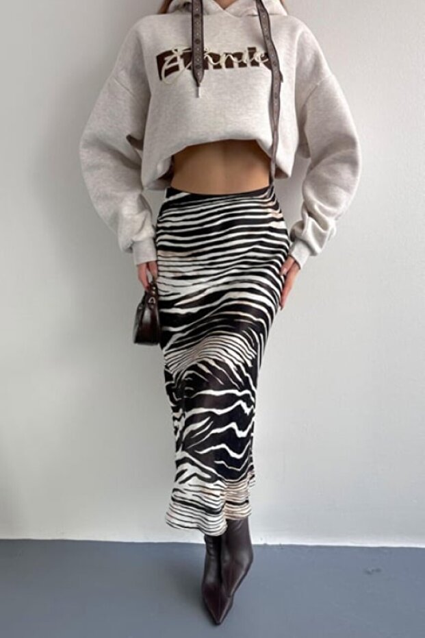 Zebra Pattern Verev Viscose Satin Fabric Midi Length Skirt