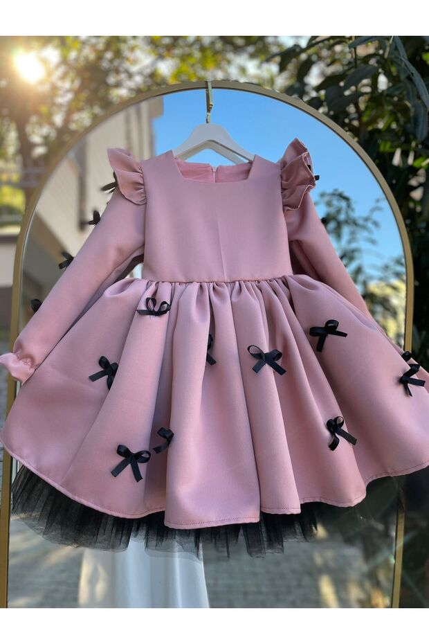 Black Bow Girl's Powder Pink Winter Evening Dress + Buckle