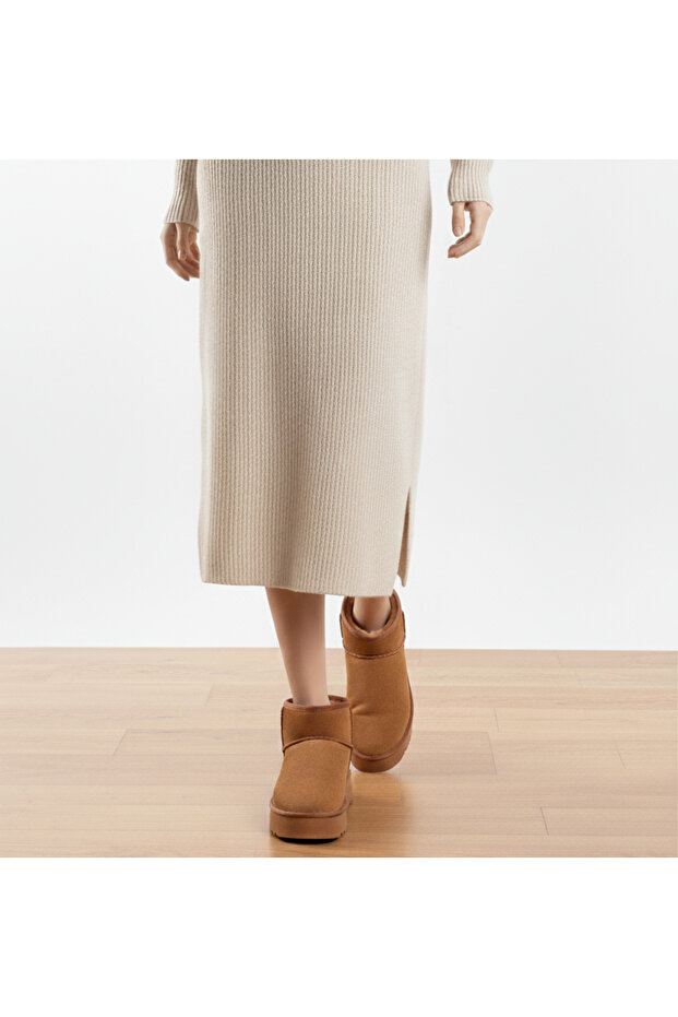 Kürklü süet kadın bot kalın taban mini model-taba - 2