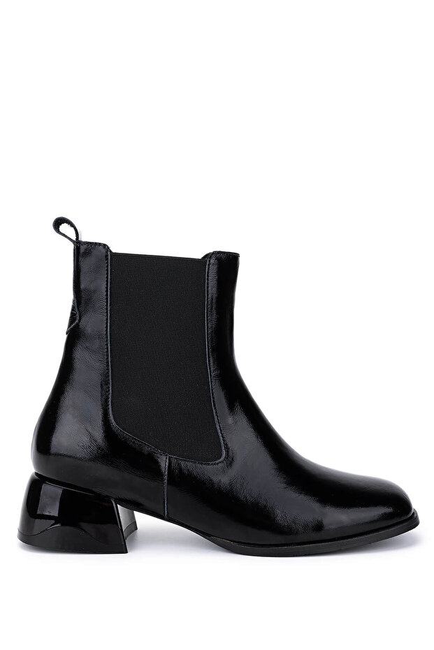 Women's Genuine Leather Black Patent Leather Heeled Boots