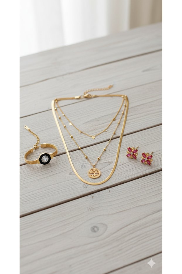 Women's 3-Piece Set Combination Tree of Life Necklace Flower Pattern Steel Earrings Crystal Stone Steel Bracelet