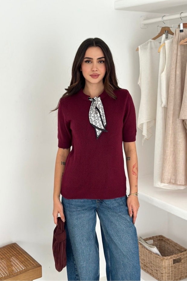 Ribbon Detailed Short Sleeve Soft Textured Knitwear Sweater Aw25Kz0072