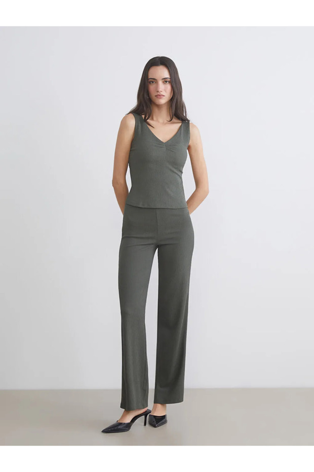 Lcw Vision Khaki V-Neck Textured Gathered Blouse