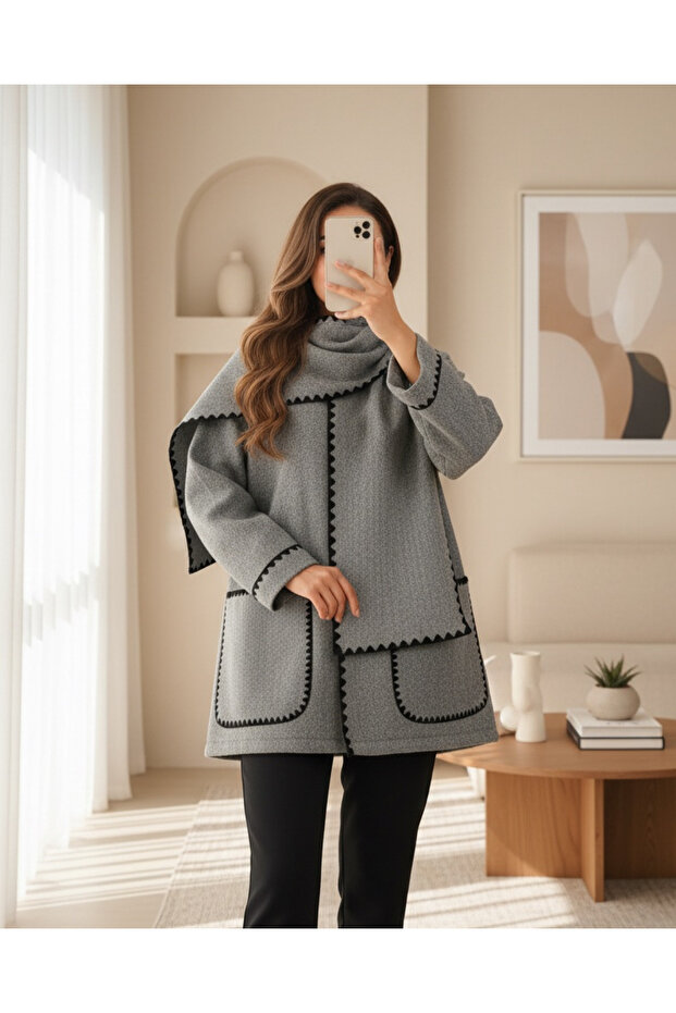 Buttoned Front Scarf Pocket Jacket - 1