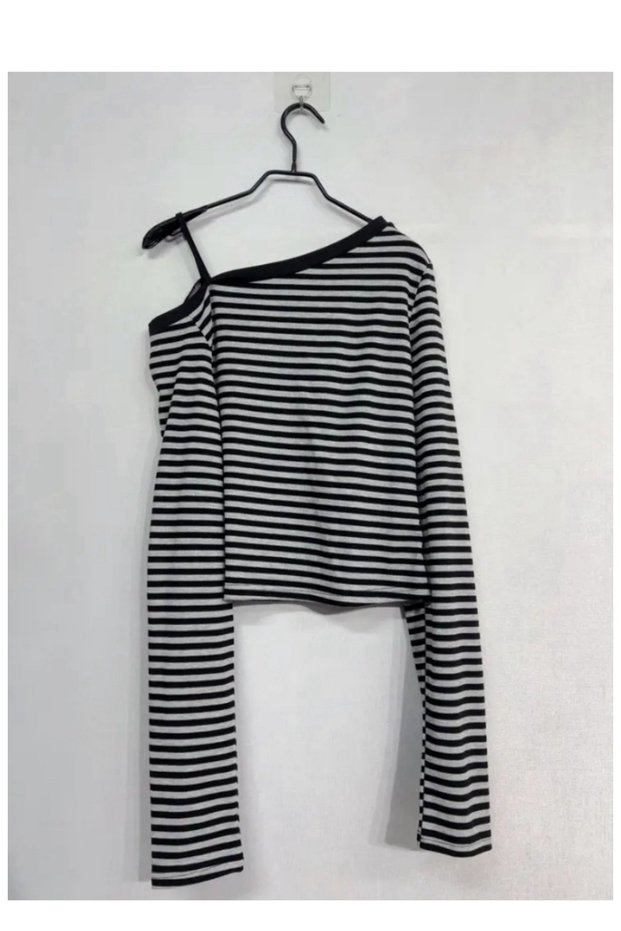 Black Gray Striped Strappy Wide Neckline Long Sleeve Blouse