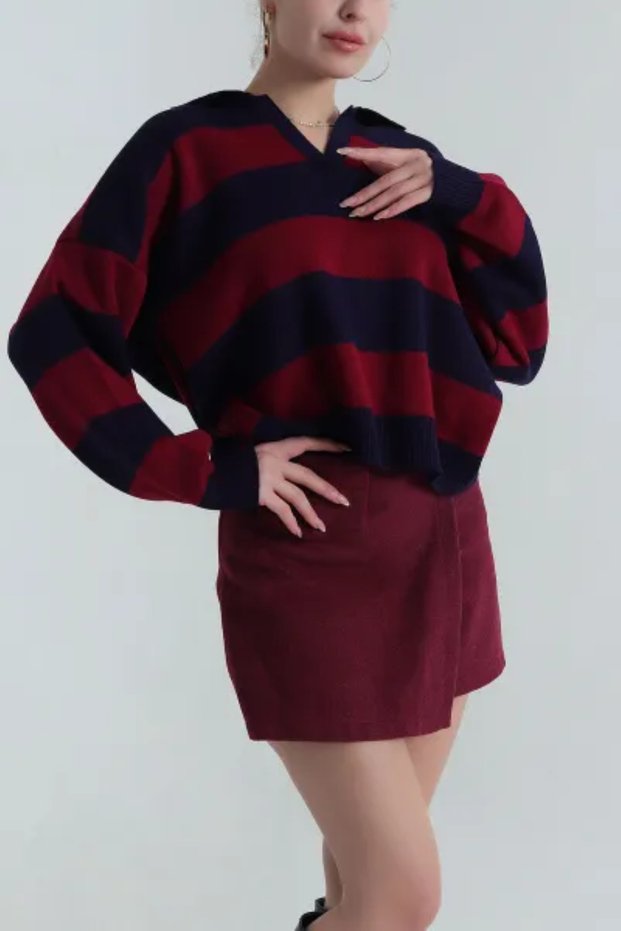 Women's Striped Polo Collar Knit Sweater