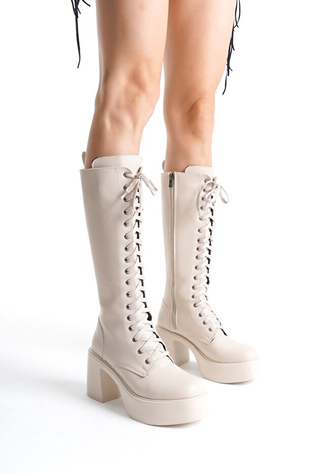 Thick Sole Heeled Zippered Below-The-Knee Plain Lace-Up Women's Boots